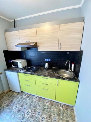 基辅Апартаменти на Поштовій площі的厨房配有绿色橱柜和水槽