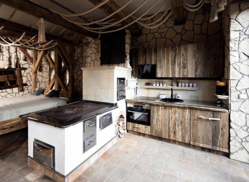 RamsauNaturerlebnis Suite - Nationalpark的客房内设有带炉灶和水槽的厨房