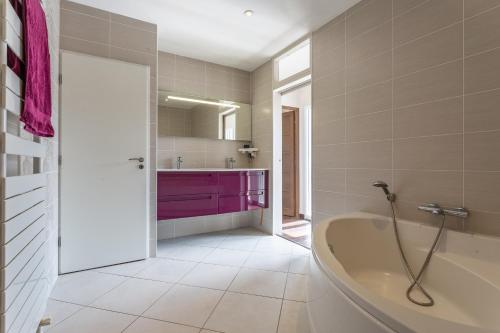 帕艾维坡斯特Paray - Maison avec jardin de 400m2的带浴缸和紫色橱柜的浴室