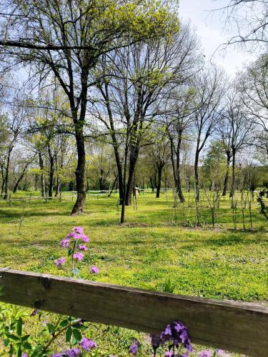 ChauzonCamping Beaussement Baroudeur的种满树木和花卉的公园和围栏