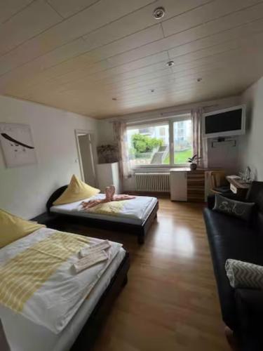 科隆Zimmer in Köln的客房设有两张床、一张沙发和一台电视。