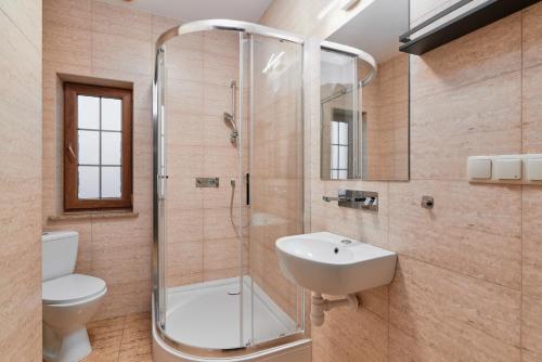 扎莫希奇Artis Dom Gościnny的带淋浴、卫生间和盥洗盆的浴室