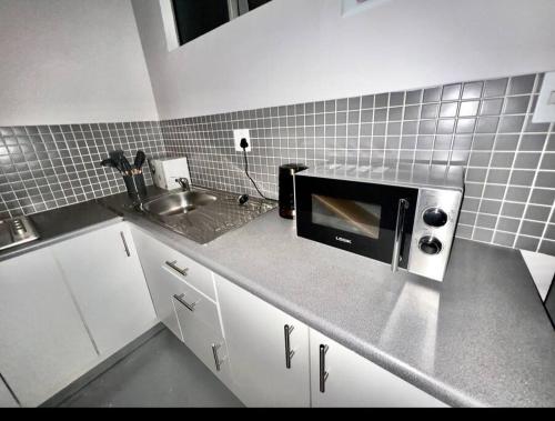 约翰内斯堡Matcha themed Apartment in City的厨房配有水槽和台面上的微波炉