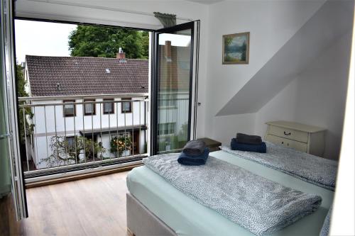 海德堡Heiligenbergblick的带大窗户的客房内的两张床