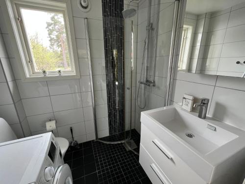 GnisvärdDrömboende Tofta Södra的白色的浴室设有水槽和淋浴。