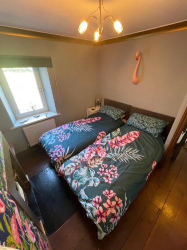 克利特Flosh Cottage Lake District的一间卧室设有两张床和窗户。