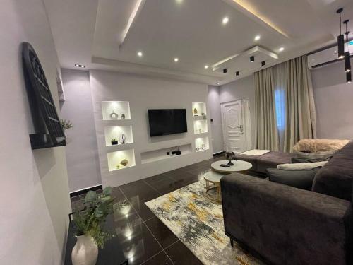 拉各斯CN Homes Luxury furnished 2Bedroom 24hr electricity with BQ的带沙发和电视的客厅