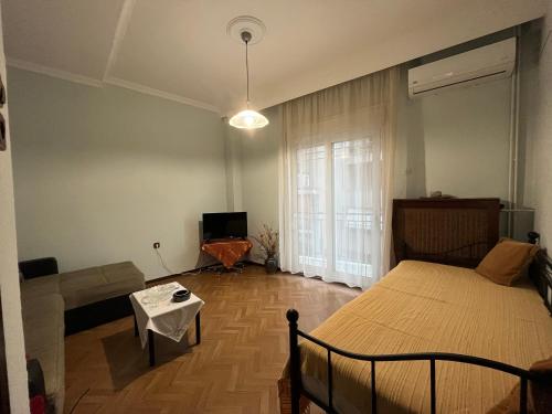 卡瓦拉Sofi’s Apartment的一间卧室配有一张床、一张沙发和一台电视