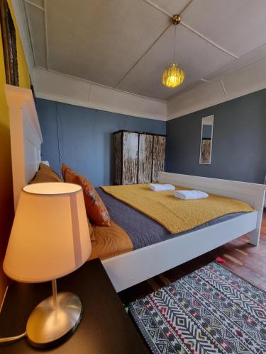瓦尔帕莱索Meraki Hostel - Cerro Alegre - Valparaíso的一间卧室配有带灯和地毯的床