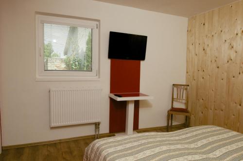 米库洛夫Pension Archa Mikulov的卧室配有一张床,墙上配有电视