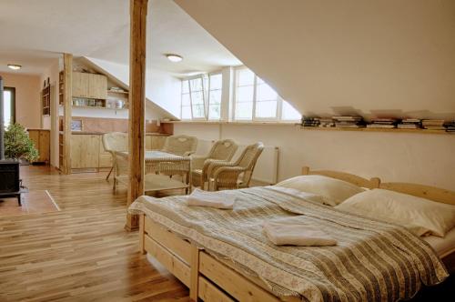米库洛夫Pension Archa Mikulov的卧室配有一张床和一张桌子及椅子