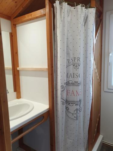 PoncinsNid Douillet的一间带水槽和淋浴帘的浴室