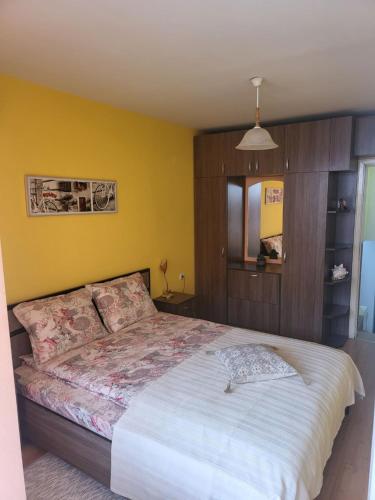 大特尔诺沃Апартамент В.Търново的一间卧室设有一张黄色墙壁的大床