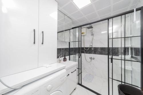 安塔利亚Fully Furnished Stylish Apartment in Antalya的带淋浴和卫生间的白色浴室