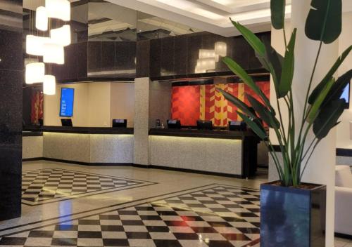 巴西利亚曼哈顿广场酒店的大堂设有 ⁇ 制地板和盆栽植物