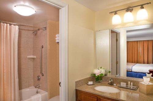 波士顿波士顿港都铎码头原住客栈酒店的一间带水槽、淋浴和镜子的浴室