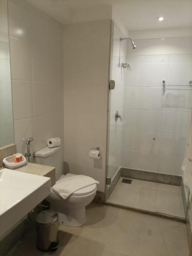 佩德拉阿祖尔Condomínio Vista Azul Hotel的带淋浴、卫生间和盥洗盆的浴室