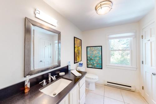 丹尼斯Osprey View Villa的一间带水槽、镜子和卫生间的浴室