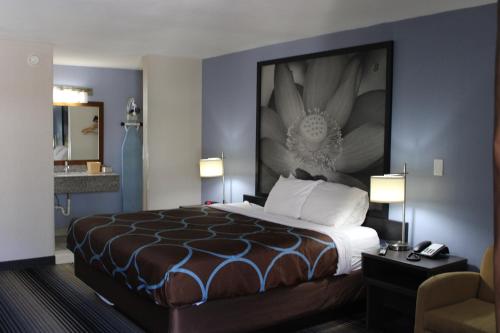 摩根顿Super 8 by Wyndham Morganton的酒店客房设有一张壁挂着大画的床铺。