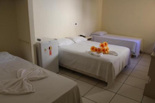 阿基道阿纳Hotel Beira Rio的酒店客房配有两张床和一台冰箱