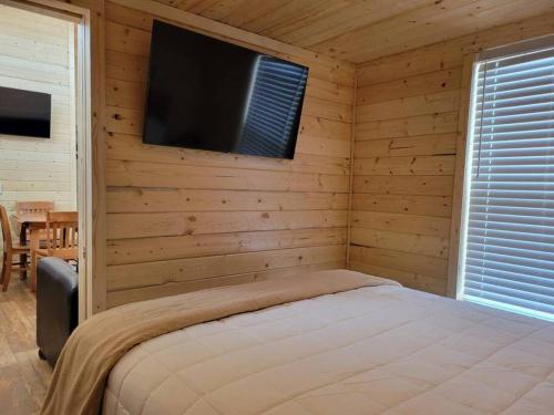 瓦莱081 Tiny Home nr Grand Canyon South Rim Sleeps 8的一间卧室配有一张床,墙上配有电视