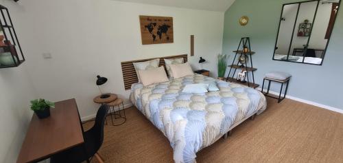 杜萨尔Manou du Lac Annecy的一间卧室配有一张床、一张书桌和镜子