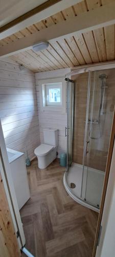 布恩贝格The Ocean Lodge的一间带卫生间和淋浴的小浴室