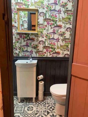 Mary Grays Hideaway 2 Bedroom Irish Cottage的一间带水槽的浴室和一个带壁纸的卫生间