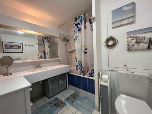 多维尔L'Ancre Rouge Deauville的一间带水槽、卫生间和淋浴的浴室