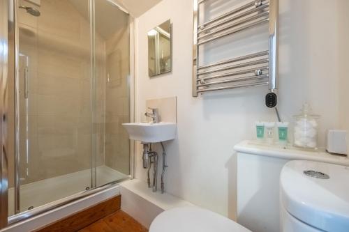 安伯利Densford Cottage的带淋浴、盥洗盆和卫生间的浴室