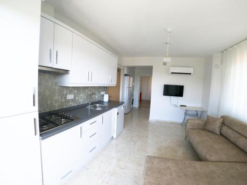 奥尔塔贾Doğa Apart的厨房以及带白色橱柜和沙发的客厅。