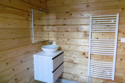 Saint-CômeChalet écologique en campagne bazadaise的一间带白色水槽和木墙的浴室