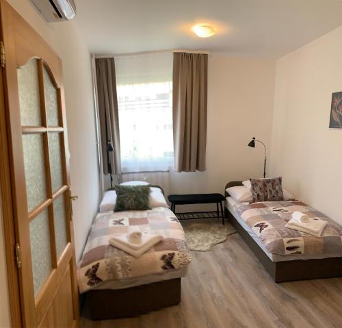 莫雄马扎尔古堡N-Apartman Central的一间卧室设有两张床和窗户。