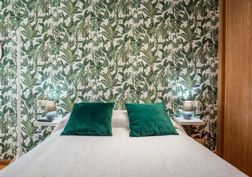 坎加斯-德奥尼斯Apartamento Irene céntrico con Wifi y parking coche tamaño medio Cangas de Onís的卧室内的一张带两个绿色枕头的床