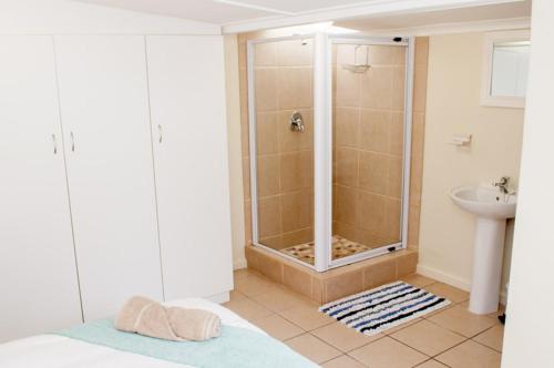 莫塞尔湾Barefoot Lodge, Mossel Bay的带淋浴和盥洗盆的浴室