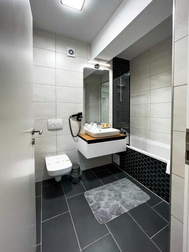 布拉索夫Alegria Avantgarden Brasov的浴室配有盥洗盆、卫生间和浴缸。