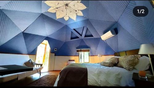 塔尔卡Lircaydomohostal - Domo 40m2 para 4 personas的一间卧室设有蓝色的墙壁和天花板