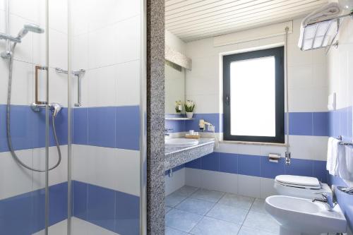 奥罗塞伊玛丽娅罗萨日亚酒店的蓝色和白色的浴室设有卫生间和水槽