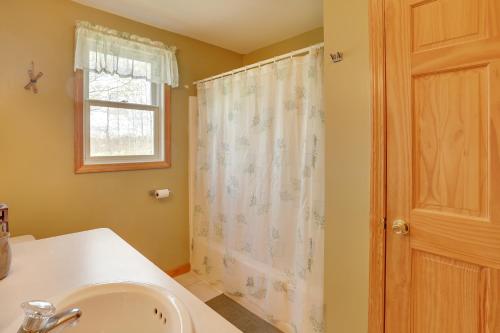 JaySpacious Jay Peak Vacation Rental with Mountain View的一间带水槽和淋浴帘的浴室