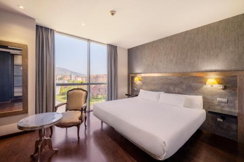 奥维多Iberik Santo Domingo Plaza Hotel的配有一张床、一张书桌和一扇窗户的酒店客房