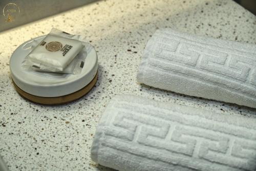 锡纳亚安达酒店的浴室柜台配有牙刷和毛巾。