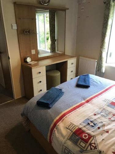 尚克林Roslyn at Lower Hyde Park, Isle of Wight的一间卧室配有一张带梳妆台和镜子的床