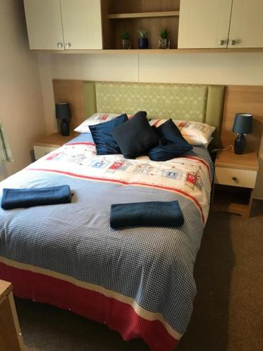 尚克林Roslyn at Lower Hyde Park, Isle of Wight的一间卧室配有一张带蓝色枕头的床。