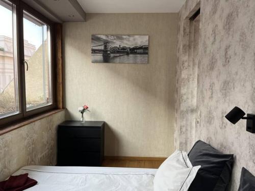 布达佩斯Elegant rooftop studio with shared terrace and jacuzzi的一间卧室设有一张床和一个窗口