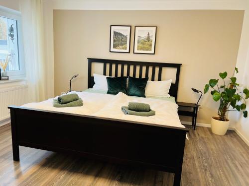 舍姆贝格Ferienwohnung Schwarzwald Lodge的一间卧室配有一张大床和两个枕头