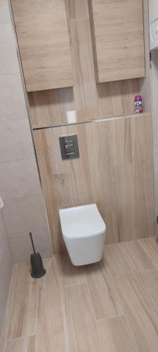 切霍齐内克nowy apartament的铺有木地板的浴室设有白色卫生间。