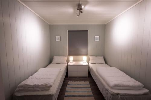 NappHytte ved sjøen的小房间,带两张灯光床