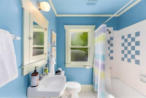 西雅图Enchanted Path to a Gardenscape - 92 Walkscore!的蓝色的浴室设有卫生间和水槽