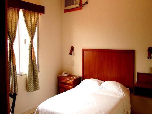 特古西加尔巴河景公寓式酒店的一间卧室配有一张带木制床头板的床和窗户。