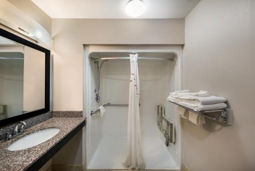 杰斯帕Red Roof Inn Jasper的浴室配有盥洗盆、镜子和毛巾
